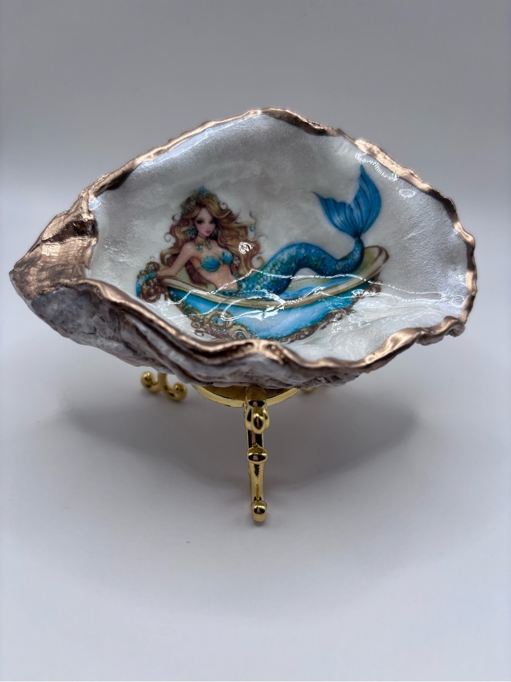 Mermaid Oyster Shell Trinket Dish in Turquoise and Gold - Picture 4 of 4